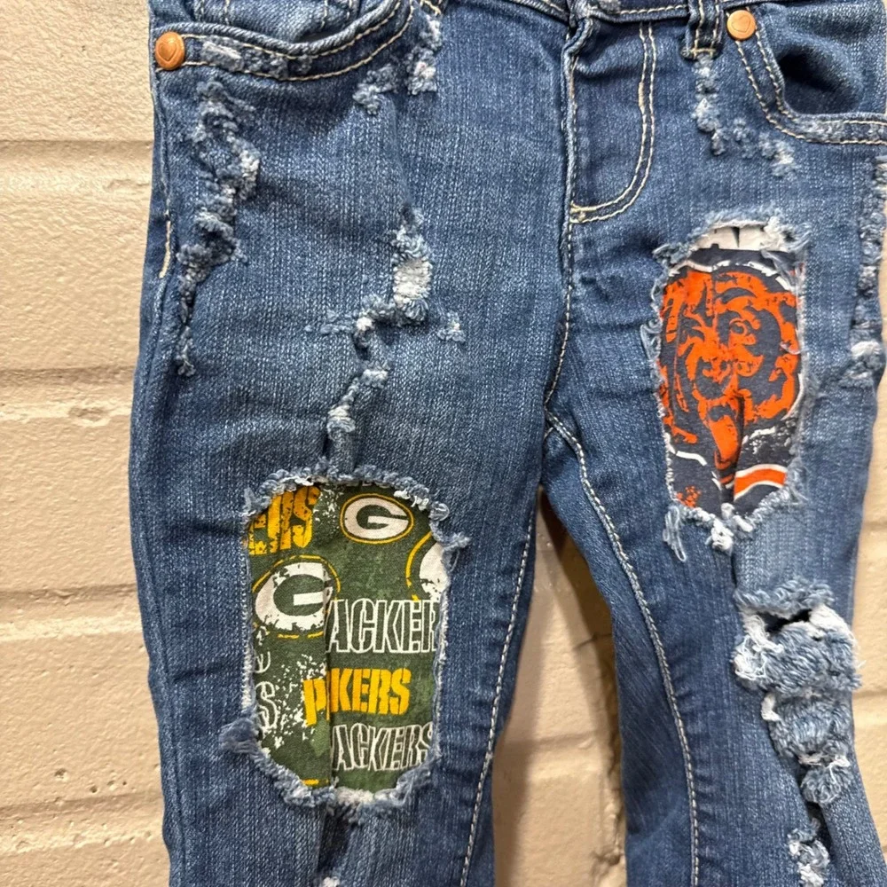 Upcycled 2T Jeans Custom Distressed NFL Packers Bears Patchwork Denim Game Day